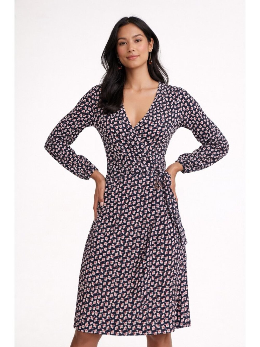 Boden Elodie Jersey Wrap Dress Navy Floral Long Sleeve Women Size 6R